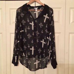 Marisol Black Sheer Button-Up Blouse with Cross Pattern